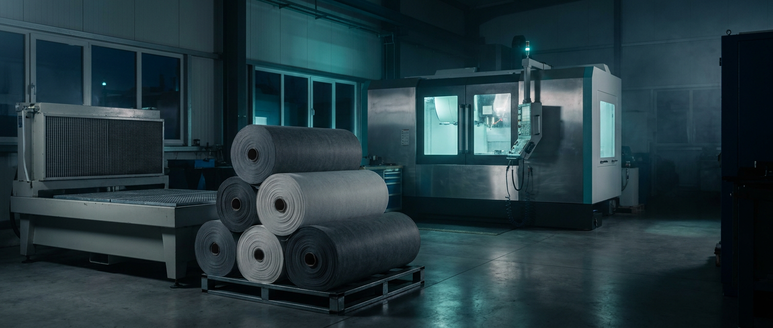 Rolls of non-woven industrial filter media beside a running CNC machining center on a factory floor