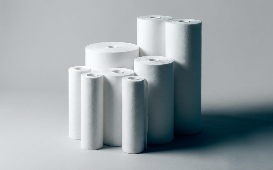 Upright rolls of white non-woven coolant filter media slitted to widths from 500mm to 1000mm on a neutral studio background
