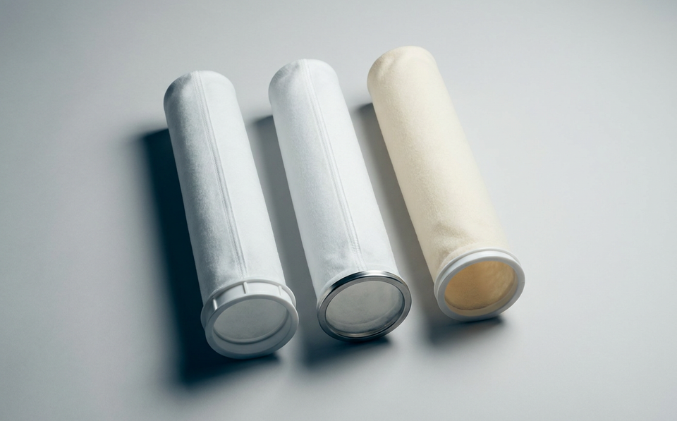 Three Size 2 industrial liquid filter bags with Polyform flange and stainless steel snap ring collars, including an oil-absorbing meltblown bag
